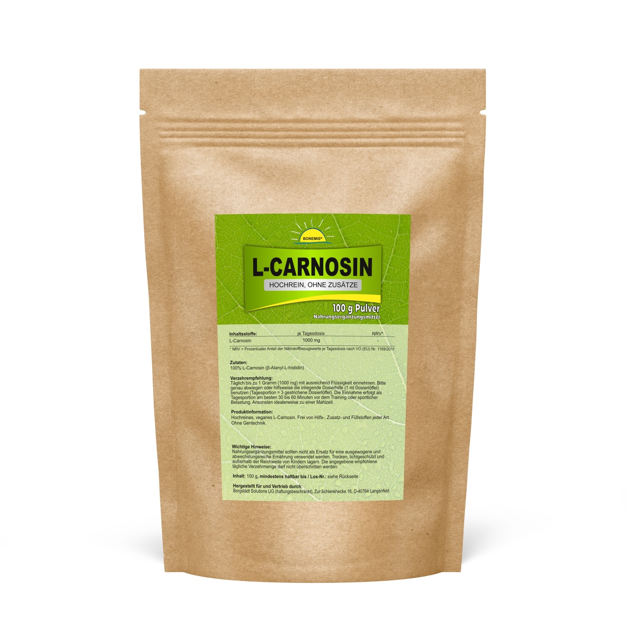 Bonemis® L-Carnosin, hochrein, vegan, ohne Zusätze, 100 g Pulver im Beutel