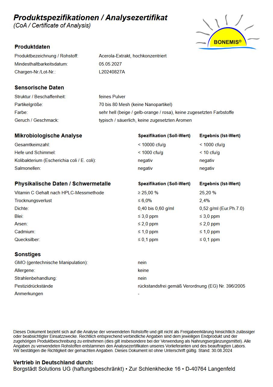 Acerola Produktspezifikationen