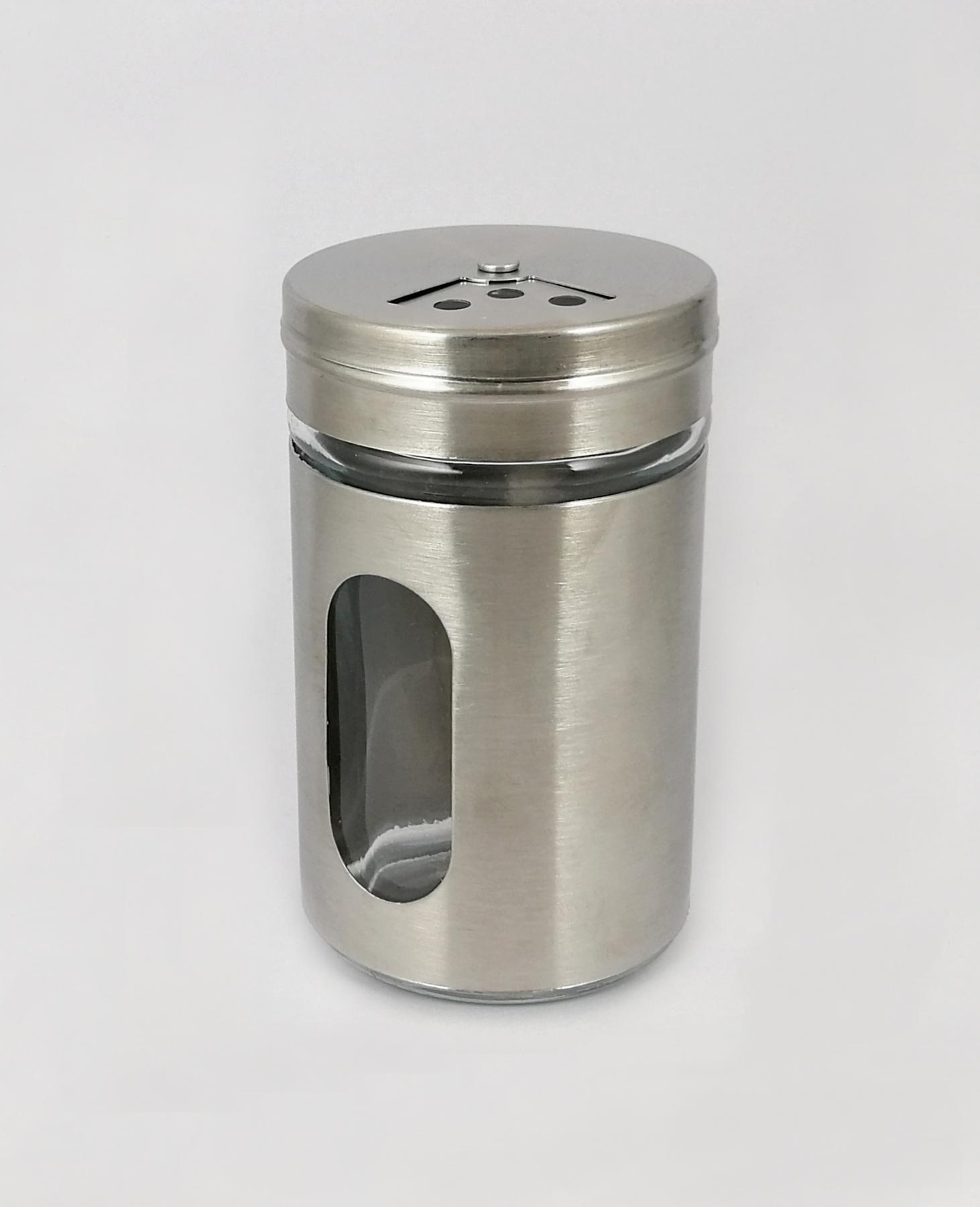 Gewürzstreuer aus Edelstahl mit Glas-Sichtfenster