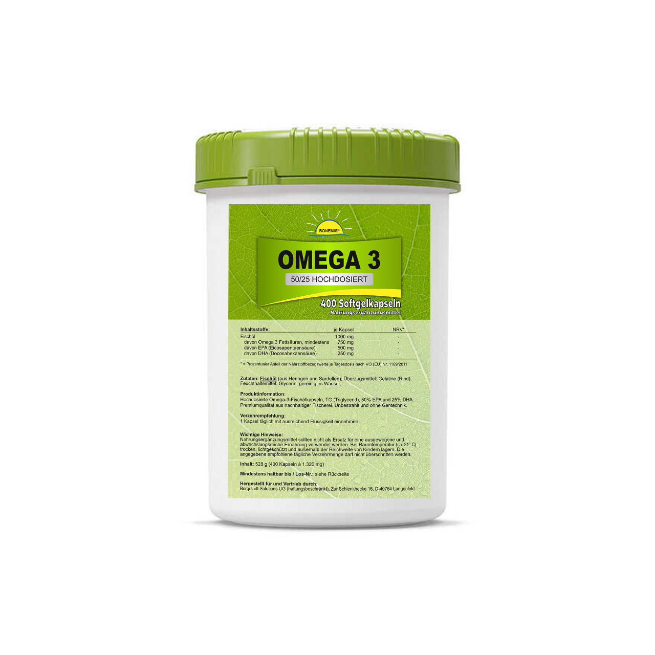 Bonemis® Omega 3, hochdosiert (50/25), 400 Kapseln à 1000 mg hochwertiges Fischöl in Bio-HDPE-Dose (aus Zuckerrohr)