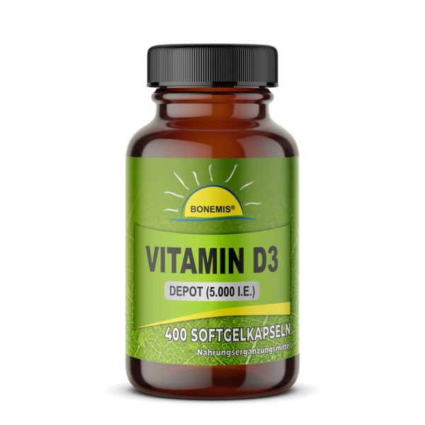 Vitamin D3 Depot ** NEU: Olivenölbasis ** , 5.000 I.E., 400 Softgelkapseln, Braunglas, Bonemis®