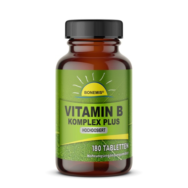 Bonemis® Vitamin B Komplex PLUS (hochdosiert), 180 vegane Tabletten, ohne Zusatzstoffe, Braunglas