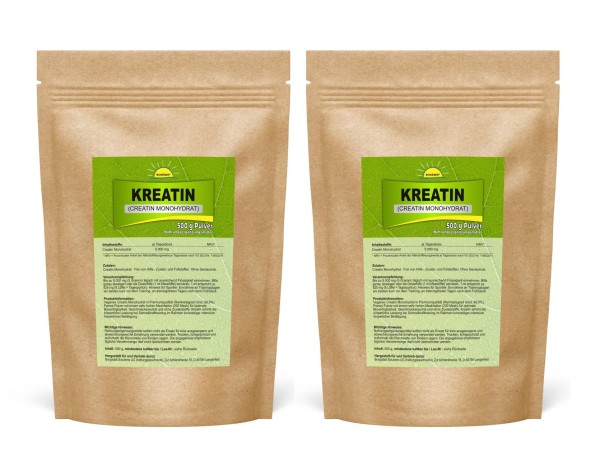 Sparpack Bonemis® Kreatin (Creatin Monohydrat), veganes Pulver, 2x 500 g im Beutel